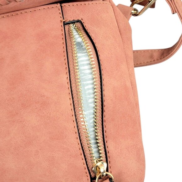 Versatile Blush Brown Braided Crossbody Purse Multi-Pocket Design Striped Lining - Picture 9 of 12
